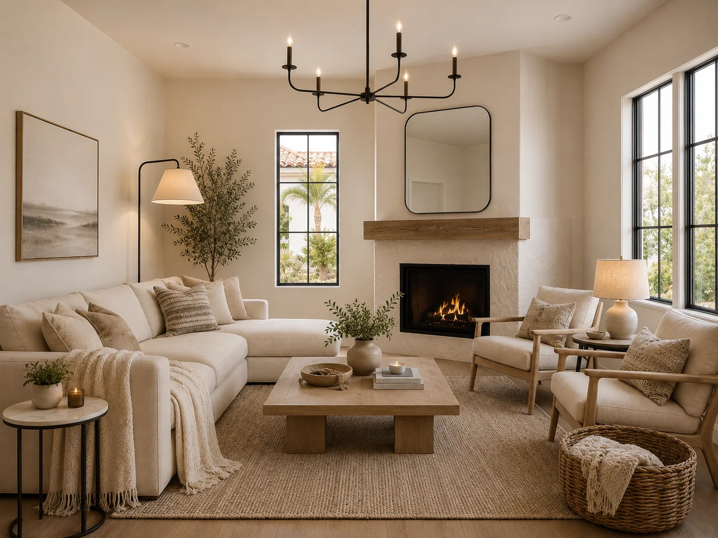 Warm coastal-inspired living room with fireplace