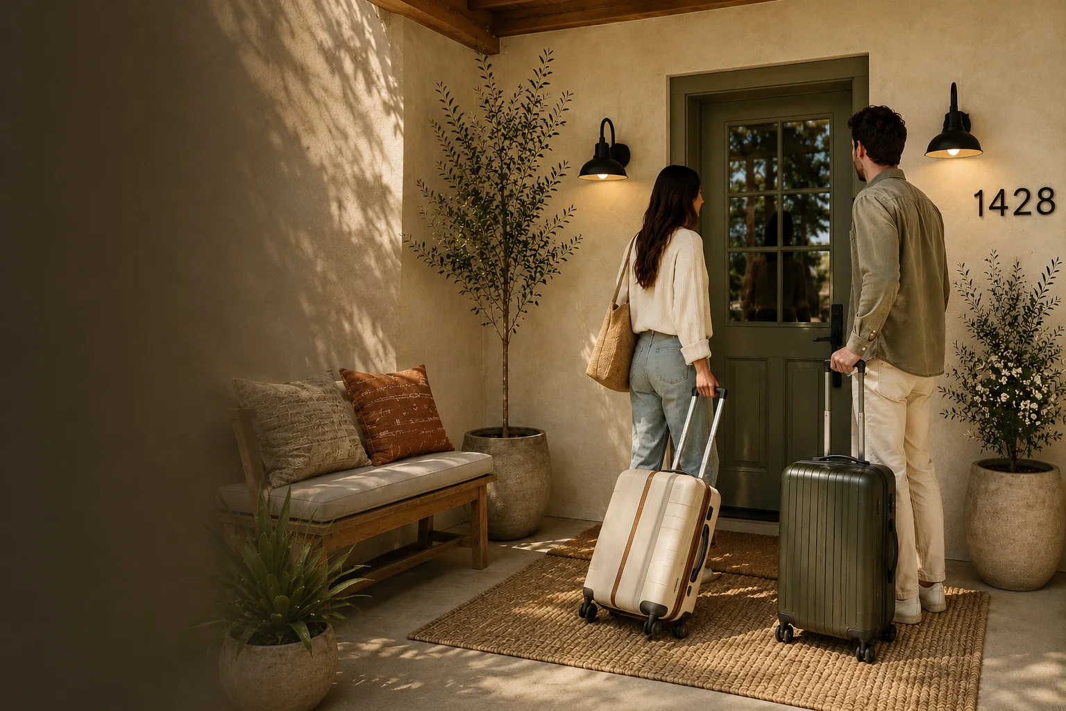 Couple arriving at a vacation rental with luggage