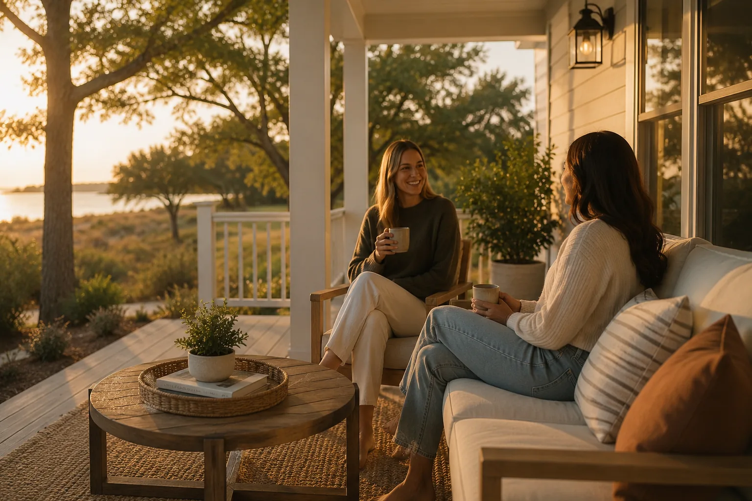 Two people talking on a porch over coffee